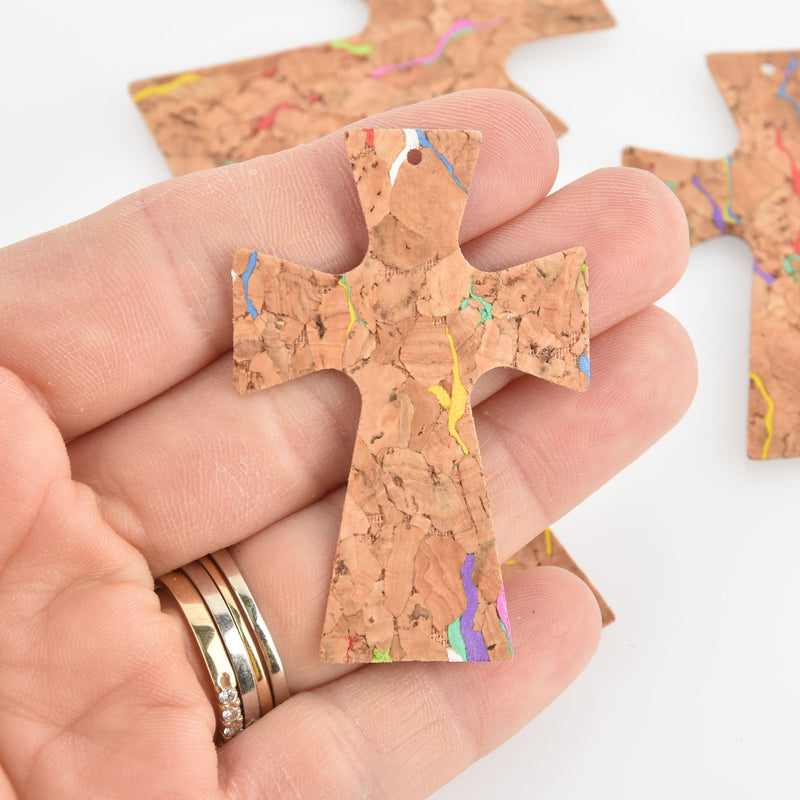 2 Faux Leather Cross Charms, Beige Cork with Rainbow, Vegan Leather, 2.25" long chs6606