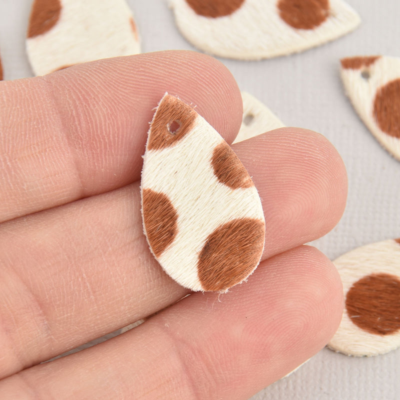 8 Faux Fur Leather Teardrop Charms Vegan Leather, Cow Print, 1" long chs6609