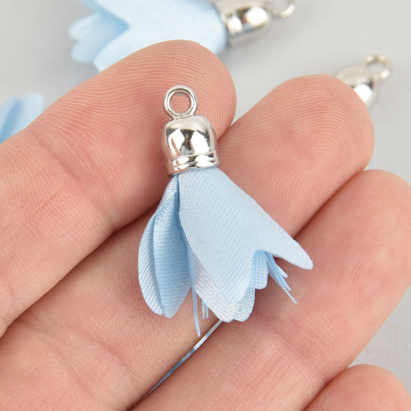 4 Blue Flower Rose Floral Fabric Tassel Charms Silver Tone Cap 33mm long (about 1-1/4") Chs6611
