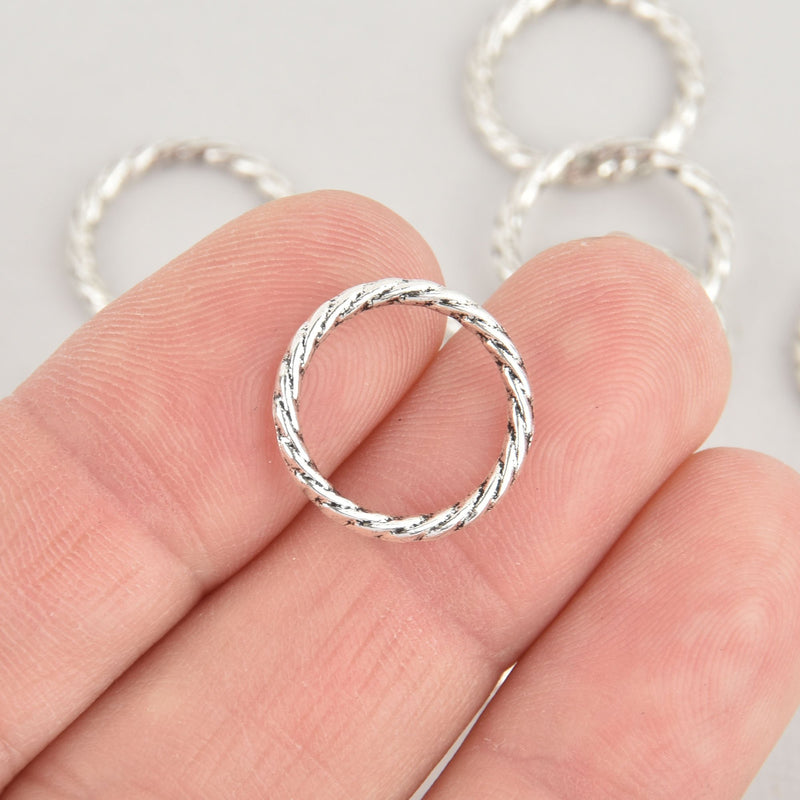 15 Silver TWISTED ROPE CIRCLE Charms, Connector Rings, 16mm diameter chs6612