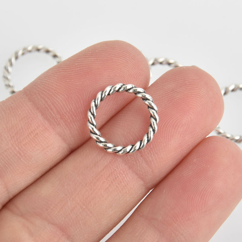 15 Silver TWISTED ROPE CIRCLE Charms, Connector Rings, 15mm diameter chs6616