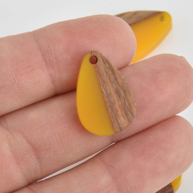 2 Teardrop Charms, Yellow Resin and Real Wood, 25mm long, chs6618