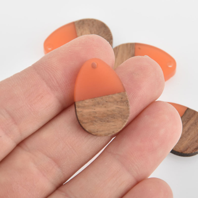 2 Teardrop Charms, Orange Resin and Real Wood, 25mm long, chs6619