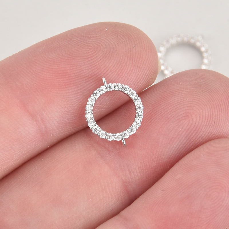 1 Silver Round Charm, Micro Pave Crystal Connector Link, 12x10mm, chs6634