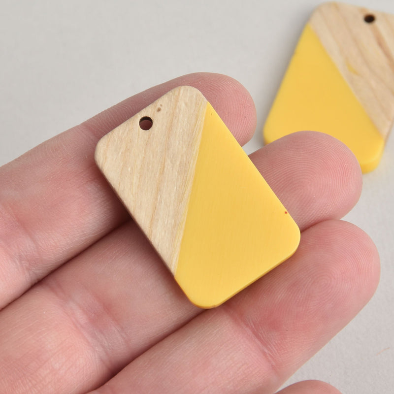 2 Colorblock Charms, Yellow Resin and Real Wood, 33mm long, chs6643