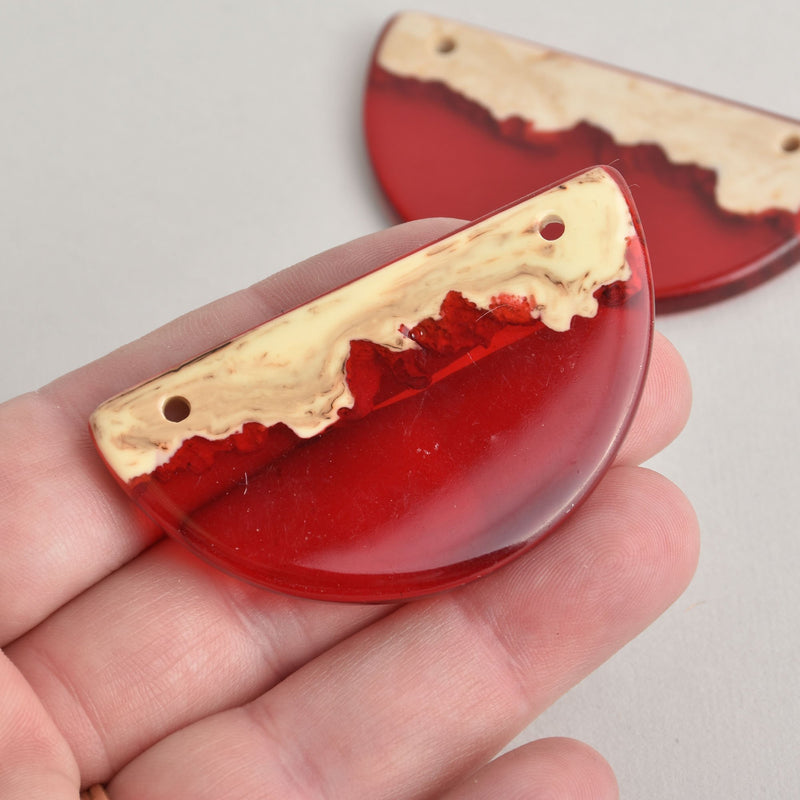 Half Circle Resin Wood Charm, Red Resin and Real Burl Wood, 60mm, chs6644