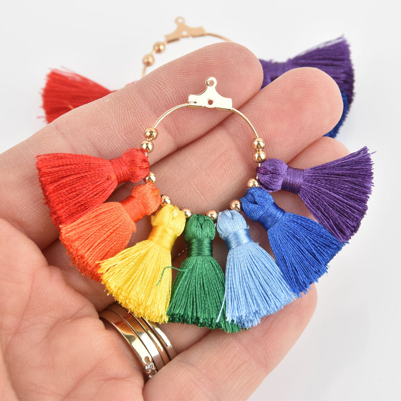 2 Fan Tassel Charms RAINBOW Fringe with Gold Plated Hoops chs6649