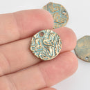 5 Gold Heart Charms, Blue Green Verdigris Patina, Valentines Day, 20mm, chs6650