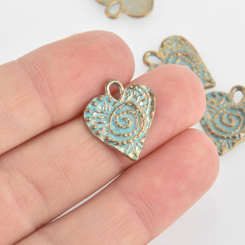 5 Gold Heart Charms, Blue Green Verdigris Patina, Valentines Day, 17mm, chs6652