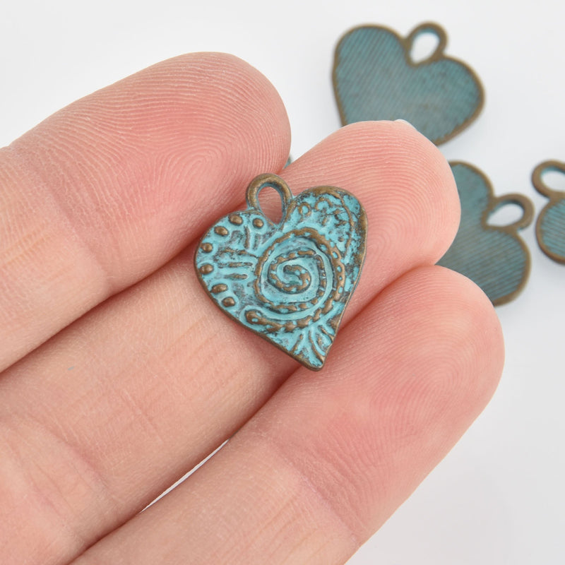 5 Bronze Heart Charms, Blue Green Verdigris Patina, Valentines Day, 17mm, chs6653