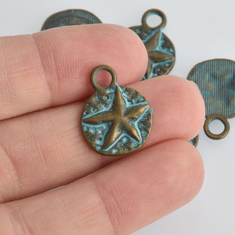 5 Bronze Starfish Charms, Blue Green Verdigris Patina, 17mm, chs6654