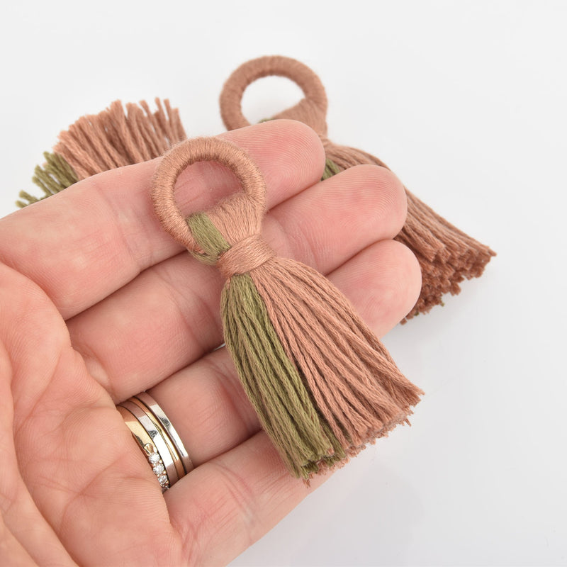 2 Tassel Charms Cocoa and Sage Green Cotton Fringe, 2.5" long chs6657