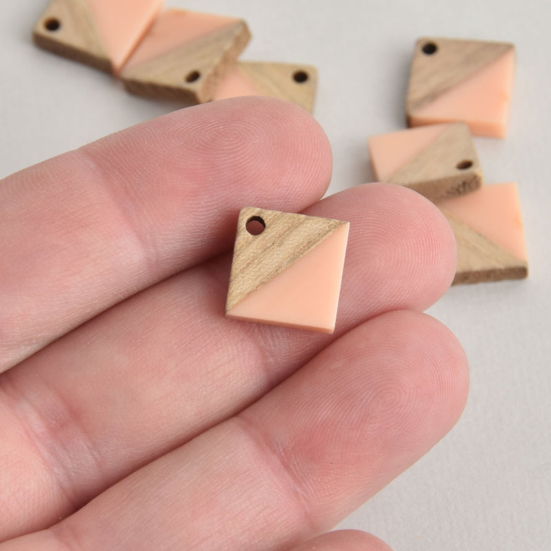 2 Square Charms, Blush Pink Resin and Real Wood, 16mm, chs6658