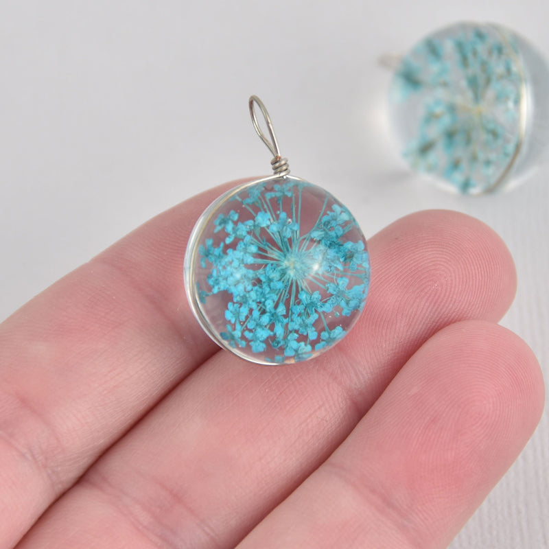 2 Glass Dried Flower Globe charms Turquoise Blue real flowers 20mm chs6659
