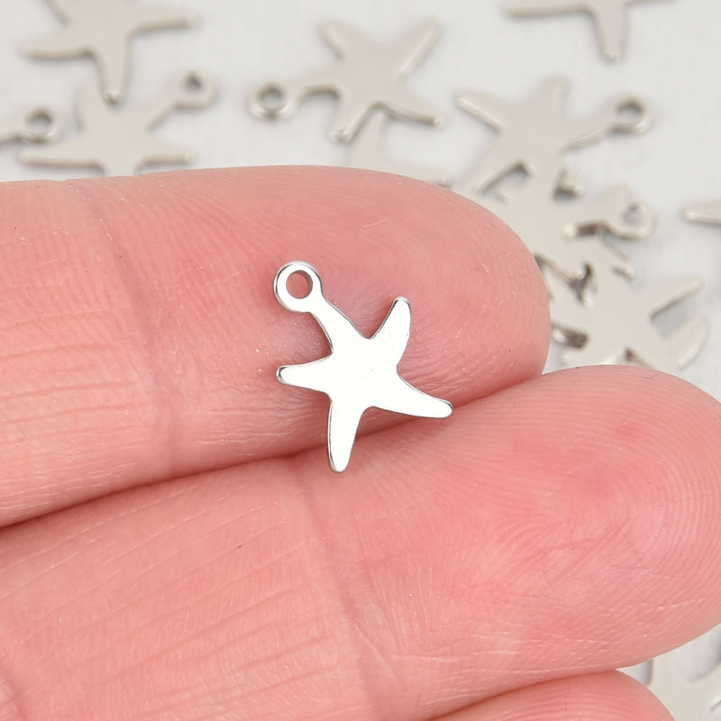 10 Silver Starfish Charms, Stainless Steel 13mm chs6674