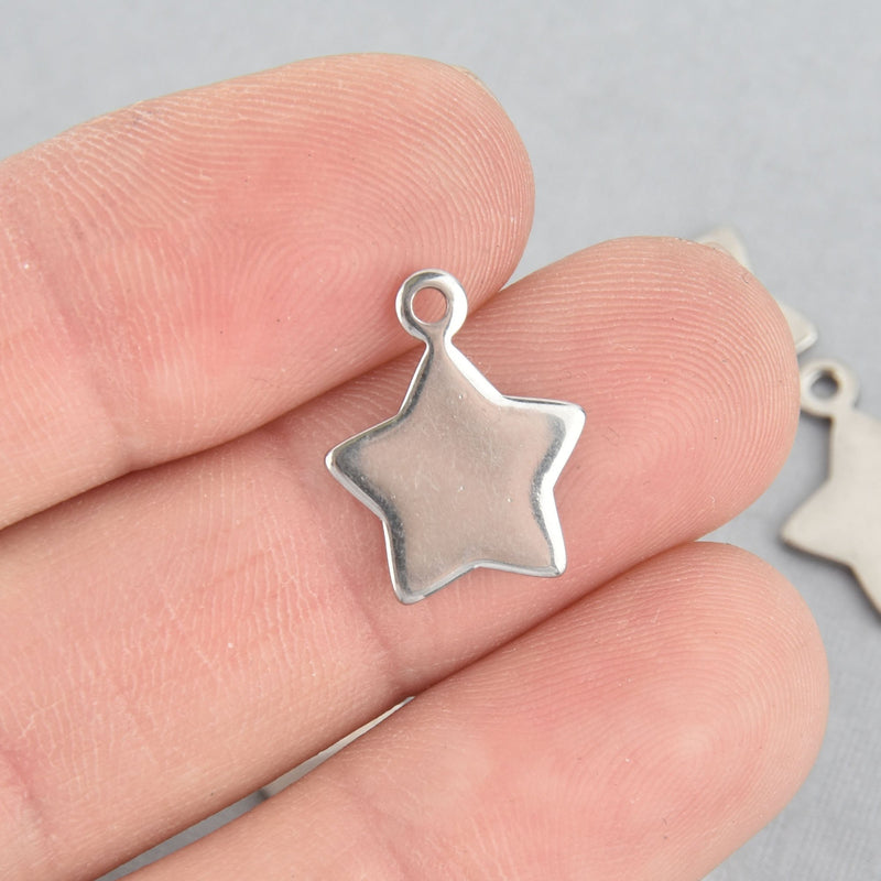 10 Silver Star Charms, Stainless Steel 13mm chs6675