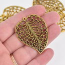 2 Gold Leaf Charms, Large Filigree Pendants, 1-7/8" long, chs6677