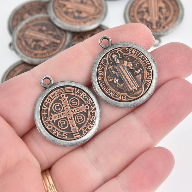 5 Religious Medal Charms, Copper Gunmetal Relic Pendants, Patron Saint, 32x27mm, chs6680