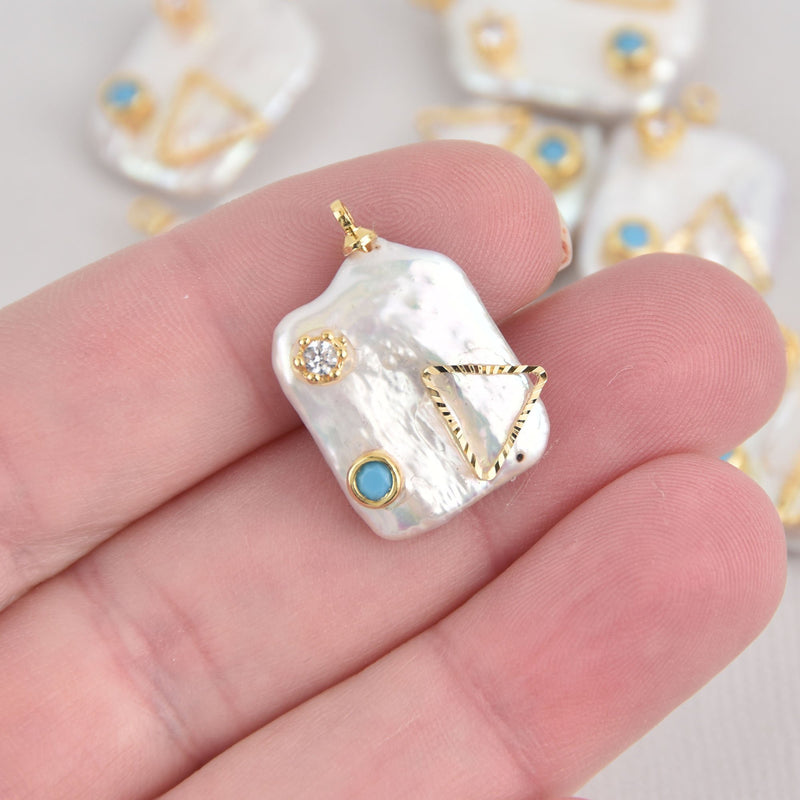 Rectangle Pearl Charm with blue and gold trim, chs6681