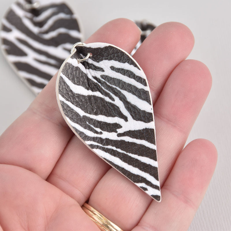 6 Zebra Print Faux Leather Teardrop Charm Pendant Vegan Leather, 2-1/2" long chs6683