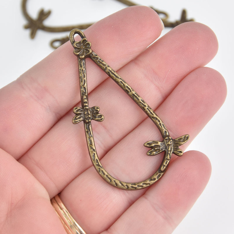 4 Dragonfly Teardrop Charms, Bronze Hammered Metal, 2.25" long, chs6685