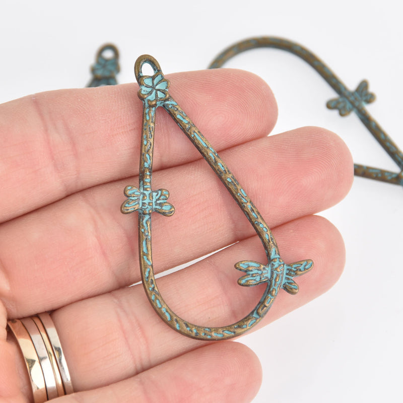 2 Dragonfly Teardrop Charms, Patina Bronze Hammered Metal, 2.25" long, chs6693