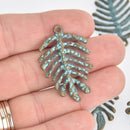 4 Monstera Leaf Charms, Verdigris Patina Bronze Hammered Metal, 1.5" long, chs6694