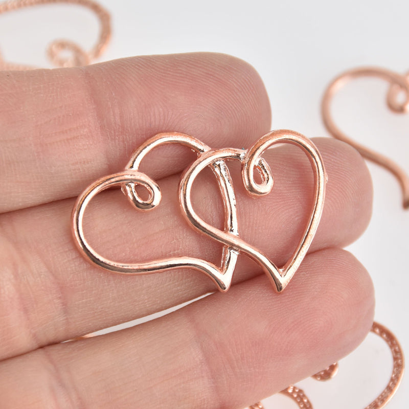 4 Open Heart Charms, Copper Rose Gold Double Heart, 35mm chs6696
