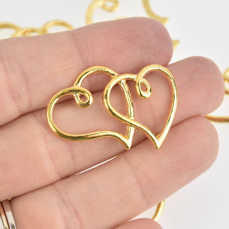 4 Gold Open Heart Charms, Double Heart, 35mm chs6697