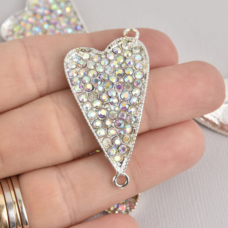 Rhinestone Heart Connector Charm, silver with AB crystals chs6700
