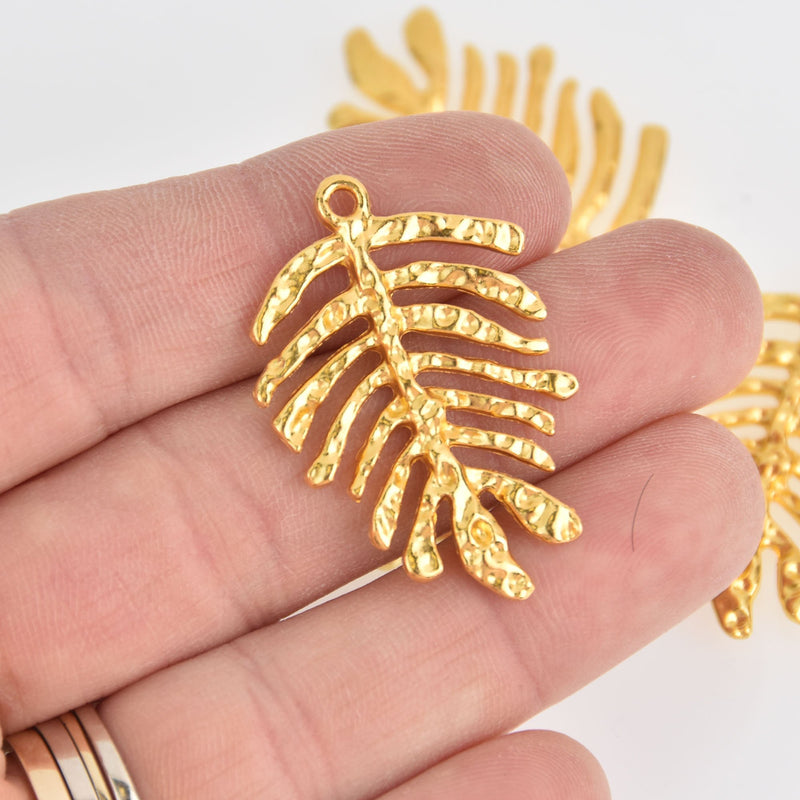 4 Monstera Leaf Charms, Gold Hammered Metal, 1.5" long, chs6709