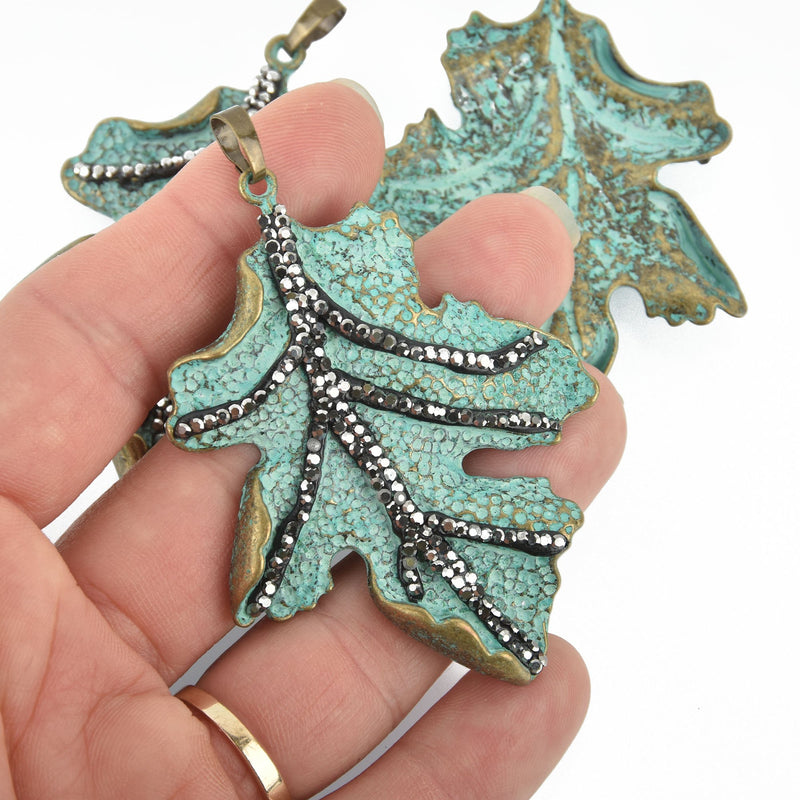 Green Verdigris Patina Leaf Pendant Charm with MICRO PAVE 2-3/4" long chs6714