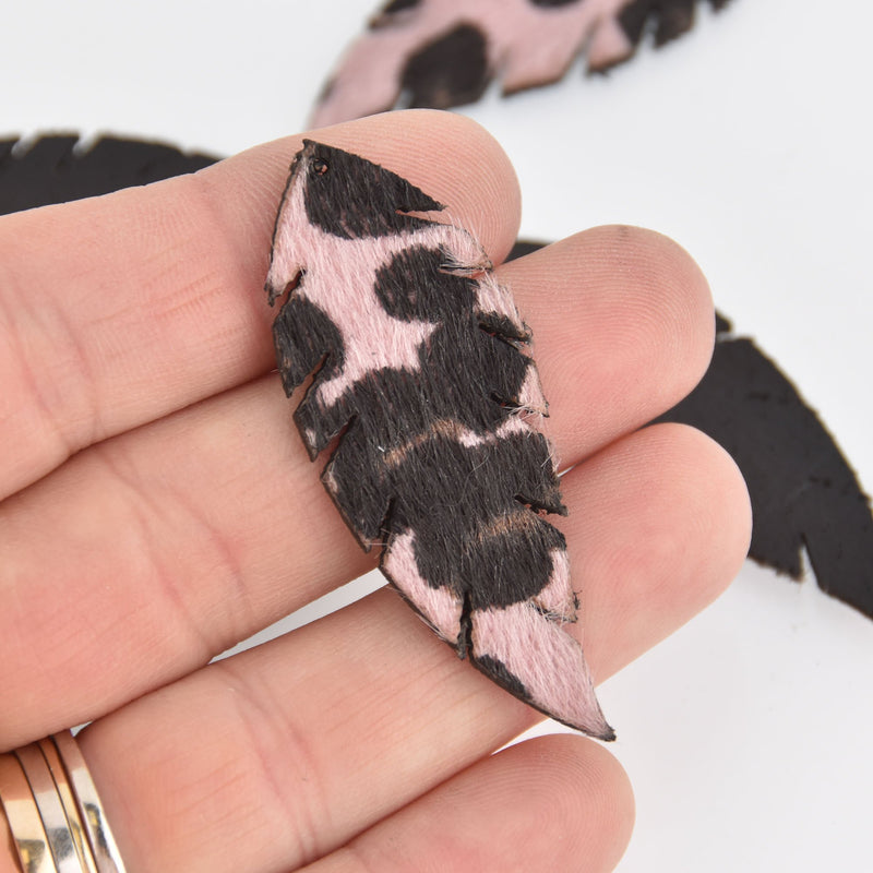 10 Faux Leather Leaf Charms Pink Black Faux Fur Vegan Leather Pendant 2-1/8" long chs6717