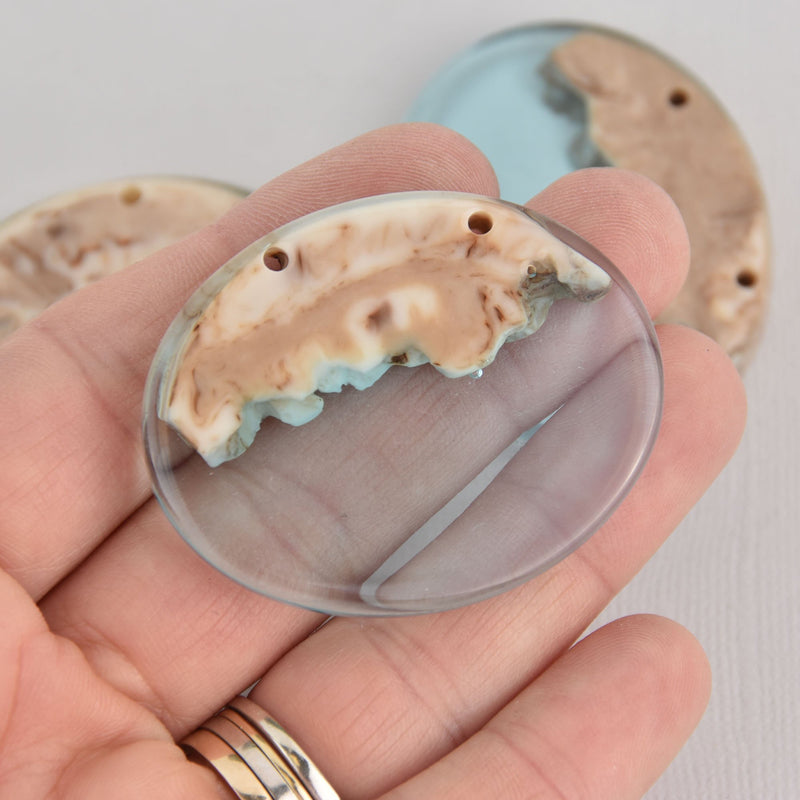 Oval Resin Wood Charm, Light Blue Resin and Real Burl Wood, 50mm long, chs6727