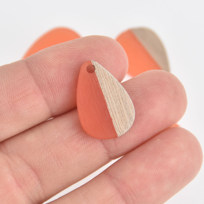 2 Teardrop Charms, Coral Resin and Real Wood, 22mm long, chs6735