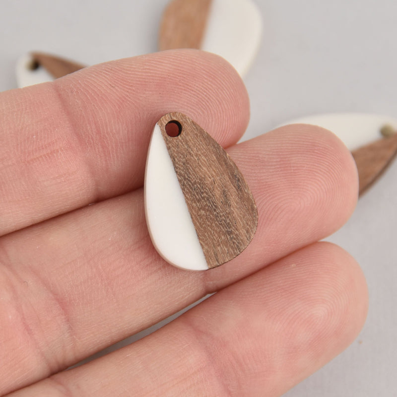 2 Teardrop Charms, White Resin and Real Wood, 22mm long, chs6739