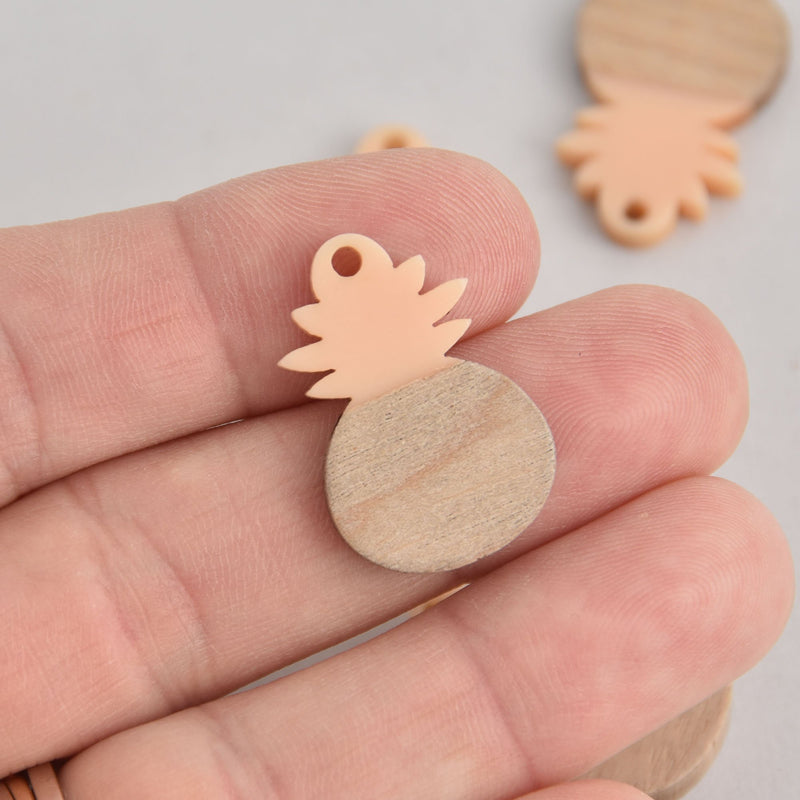 2 Pineapple Charms, Blush Resin and Real Wood, 27mm long, chs6741