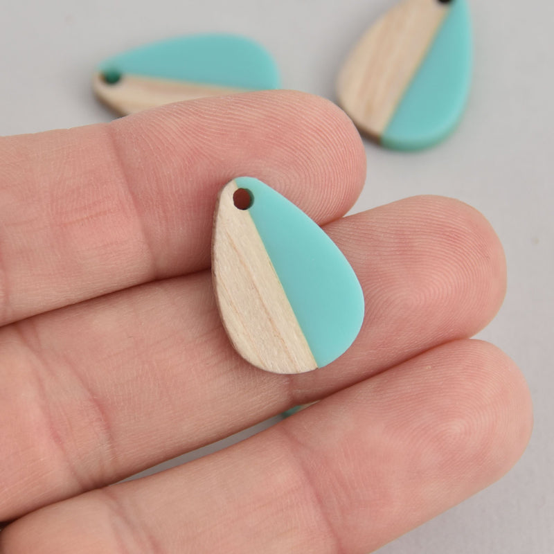 2 Teardrop Charms, Turquoise Aqua Resin and Real Wood, 22mm long, chs6743