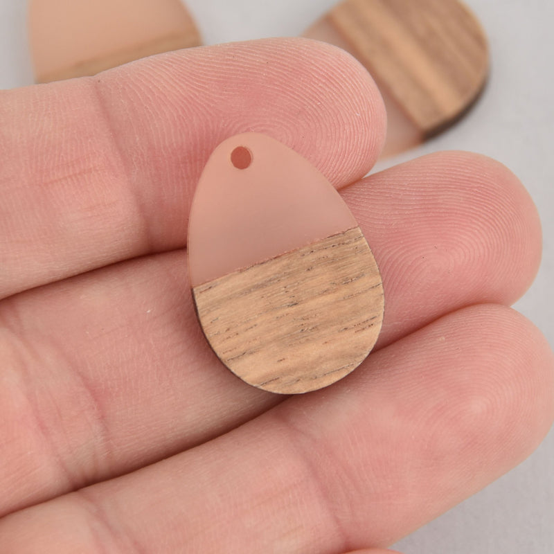 2 Teardrop Charms, Blush Resin and Real Wood, 25mm long, chs6745