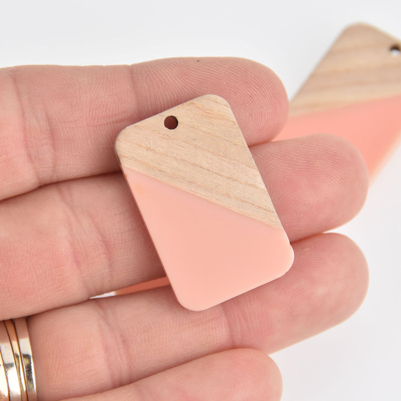 2 Colorblock Charms, Blush Pink Resin and Real Wood, 33mm long, chs6747