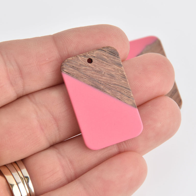 2 Colorblock Charms, Bubblegum Pink Resin and Real Wood Rectangle, 33mm long, chs6748