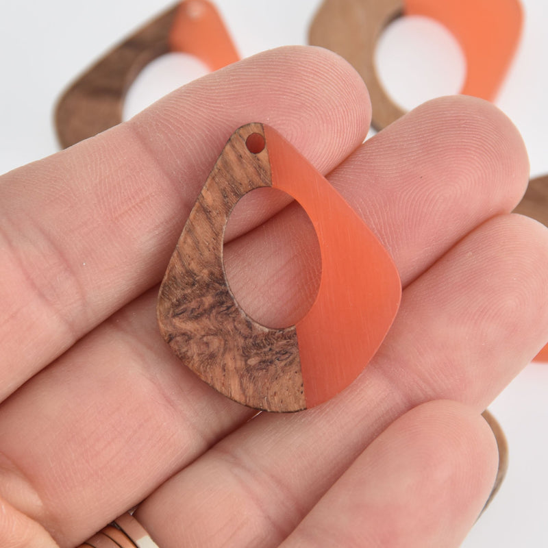 1 Teardrop Charm, Coral Orange Resin and Real Wood, 1", chs6749