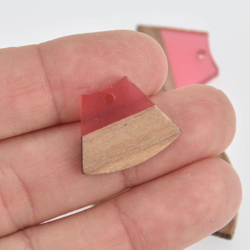 2 Wood Resin Charms, Red Resin and Real Wood, Trapezoid, 22mm long, chs6756