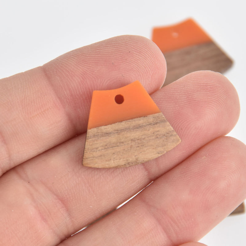 2 Wood Resin Charms, Orange Resin and Real Wood, Trapezoid, 22mm long, chs6757