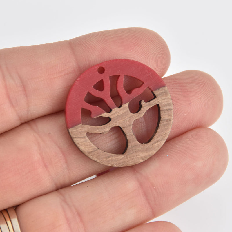 1 Tree Charm, Red Resin and Real Wood, 28mm, chs6758