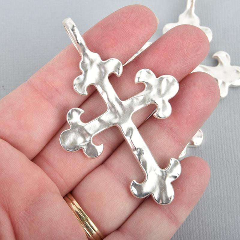 2 Silver Cross Fleury Relic Charms, MATTE foil 3" long chs6764