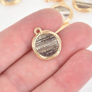 6 Fiber Drop Charms, Gray White Gold Fabric, Gold Plated, Threaded Round 16mm chs6768