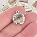 6 Fiber Drop Charms, Gray White Gold Fabric, Silver Plated, Threaded Round 16mm chs6769