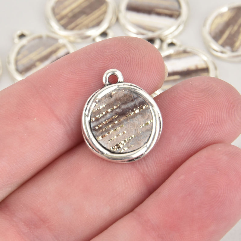 6 Fiber Drop Charms, Gray White Gold Fabric, Silver Plated, Threaded Round 16mm chs6769