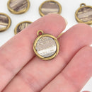 6 Fiber Drop Charms, Gray White Gold Fabric, Bronze Plated, Threaded Round 16mm chs6770